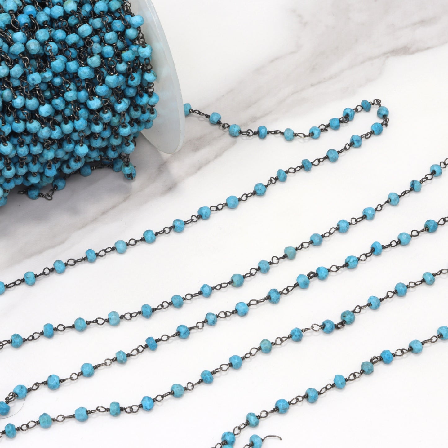 Blue Turquoise (R) 4mm Faceted Rondelles Rosary Chain Sterling Silver with Black Rhodium Plating Wire Wrap Chain by the Foot