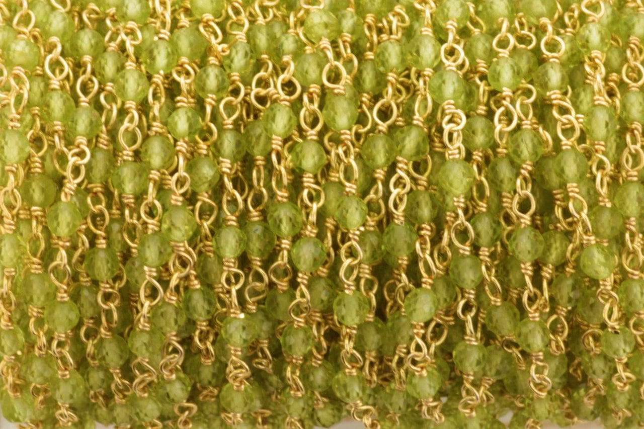 Green Peridot 3mm Faceted Rounds Rosary Chain Sterling Silver with Gold Plating Wire Wrap Chain by the Foot