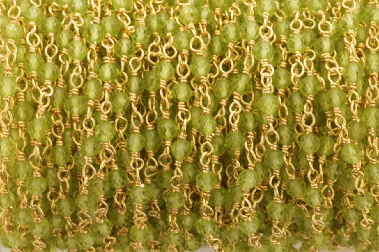 Green Peridot 3mm Faceted Rounds Rosary Chain Sterling Silver with Gold Plating Wire Wrap Chain by the Foot