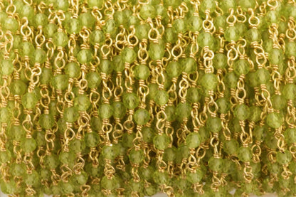 Green Peridot 3mm Faceted Rounds Rosary Chain Sterling Silver with Gold Plating Wire Wrap Chain by the Foot