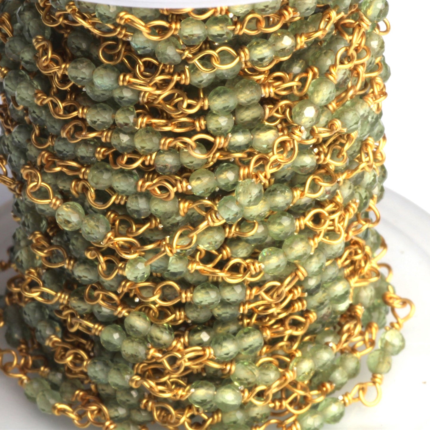 Green Apatite 2.5mm Faceted Rounds Rosary Chain Sterling Silver with Gold Plating Double Bead Wire Wrap Chain by the Foot
