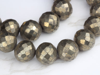 Natural Bronze Pyrite 10mm Faceted Rounds Bead Strand