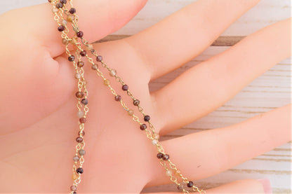 Red and Brown Multi Zircon 2.5mm Faceted Rondelles Rosary Chain Sterling Silver with Gold Plating Wire Wrap Chain by the Foot