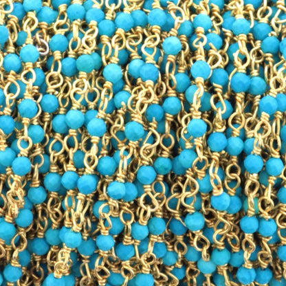 Blue Turquoise (R) 2.5mm Faceted Rounds Rosary Chain Sterling Silver with Gold Plating Wire Wrap Chain by the Foot