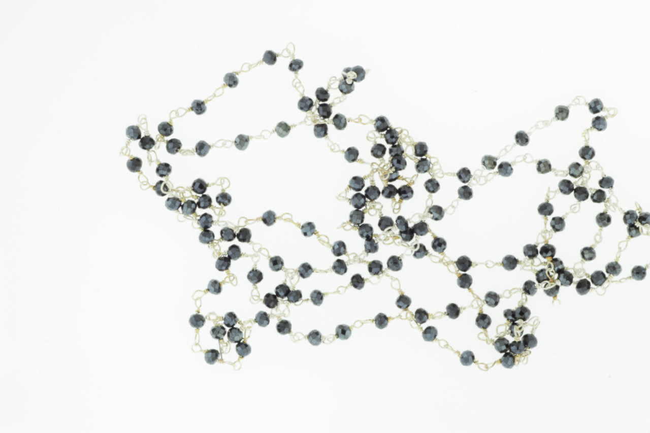 Coated Black Spinel 2mm Faceted Rondelles Rosary Chain Sterling Silver Wire Wrap Chain by the Foot