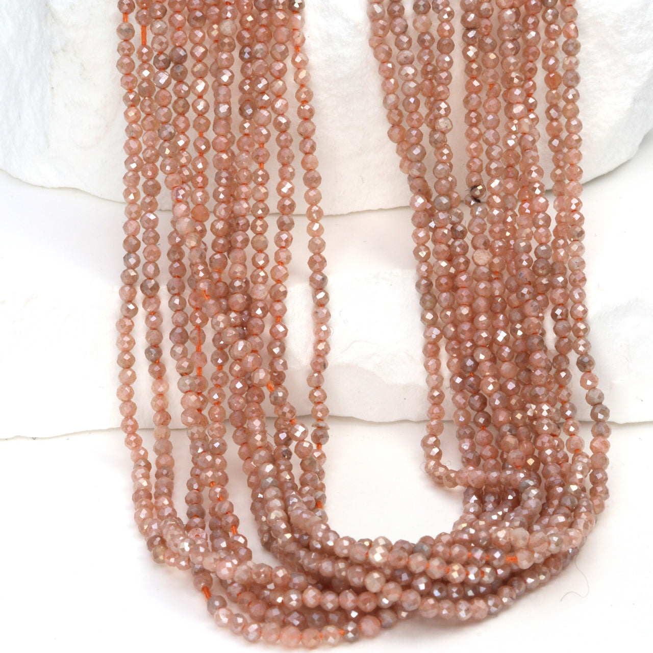 Coated Peach Moonstone 2mm Faceted Rounds Bead Strand