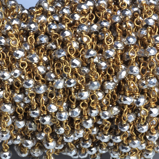 Silver Plated Pyrite 3mm Faceted Rondelles Rosary Chain Sterling Silver with Gold Plating Wire Wrap Chain by the Foot