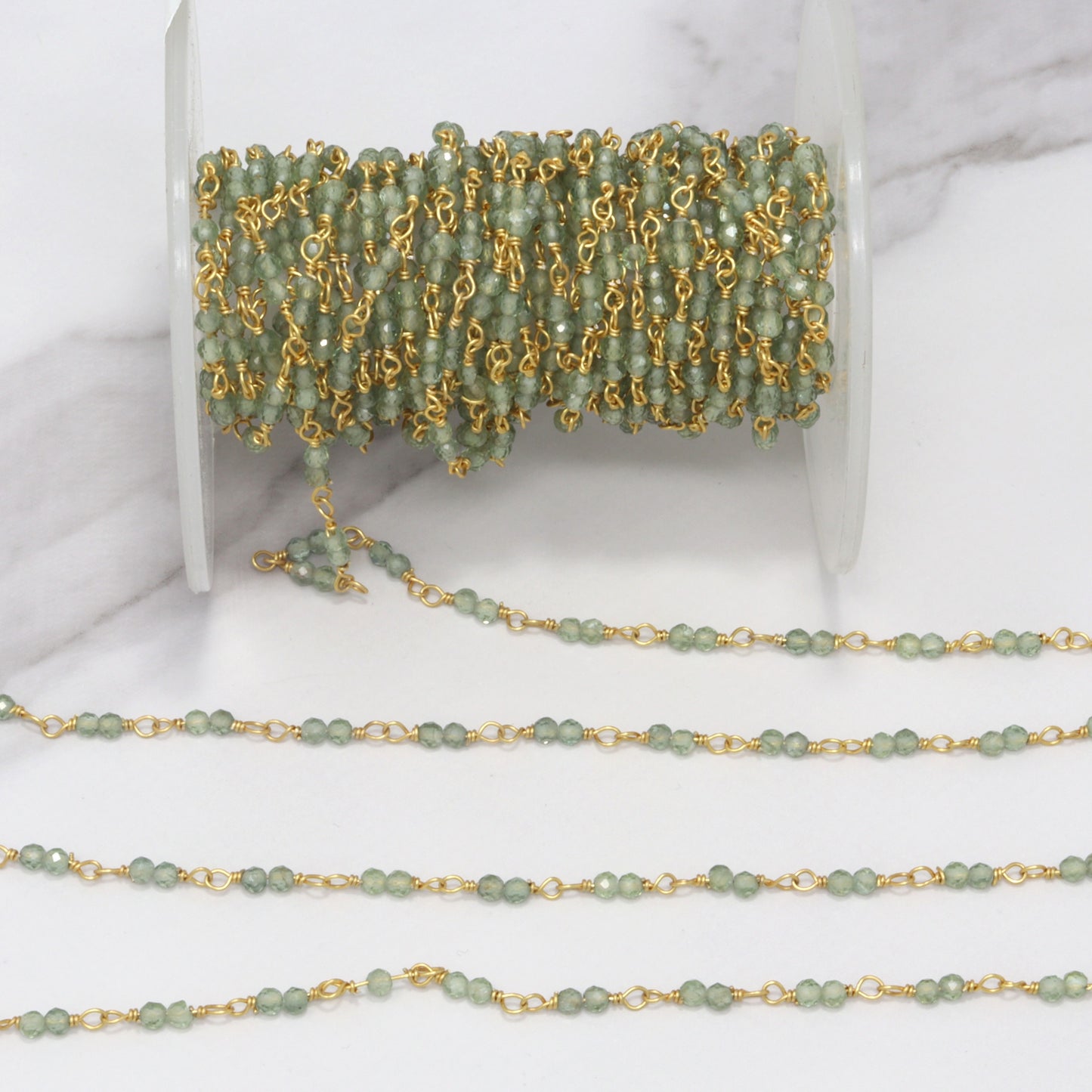 Green Apatite 2.5mm Faceted Rounds Rosary Chain Sterling Silver with Gold Plating Double Bead Wire Wrap Chain by the Foot