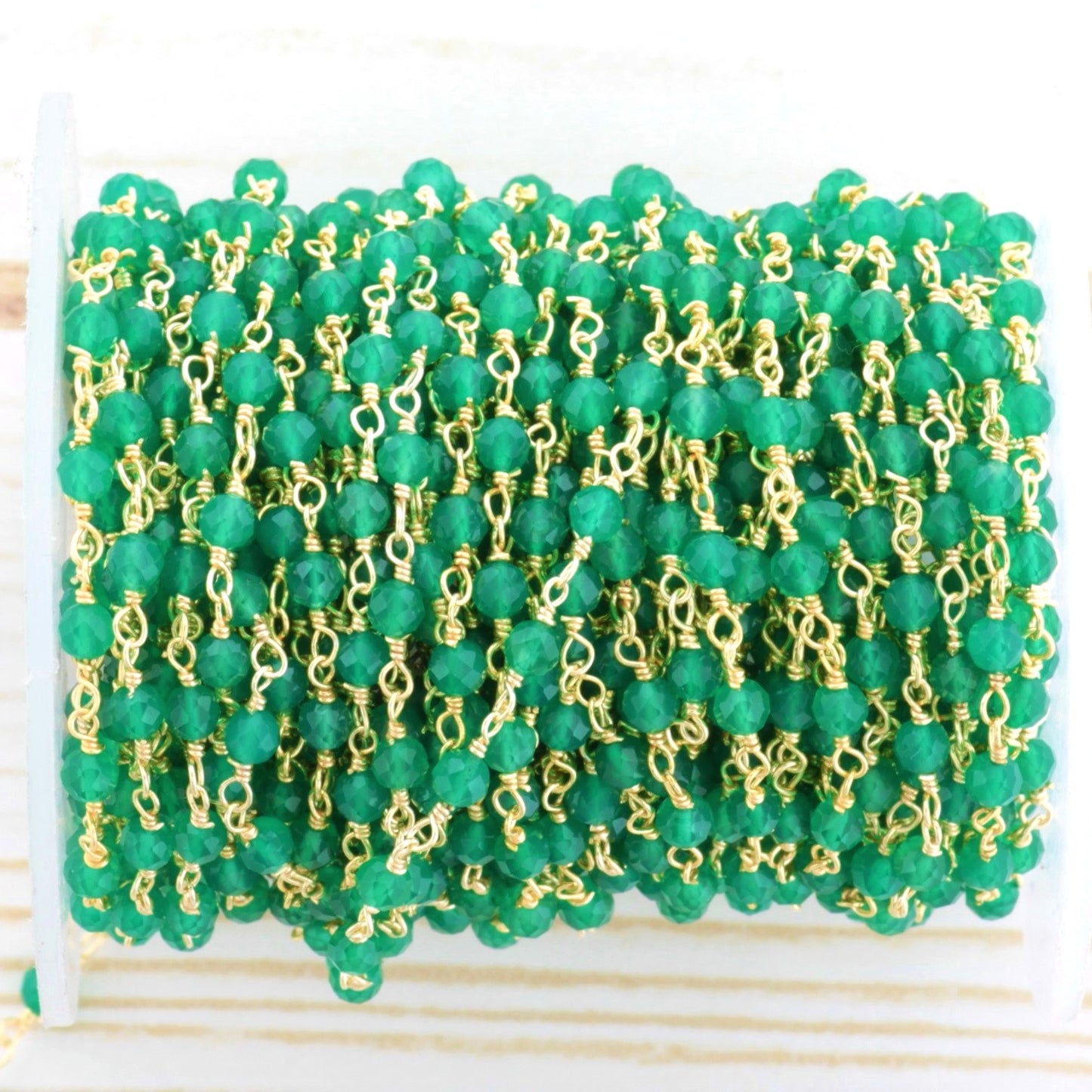 Green Onyx 3.5mm Faceted Rounds Rosary Chain Sterling Silver with Gold Plating Wire Wrap Chain by the Foot