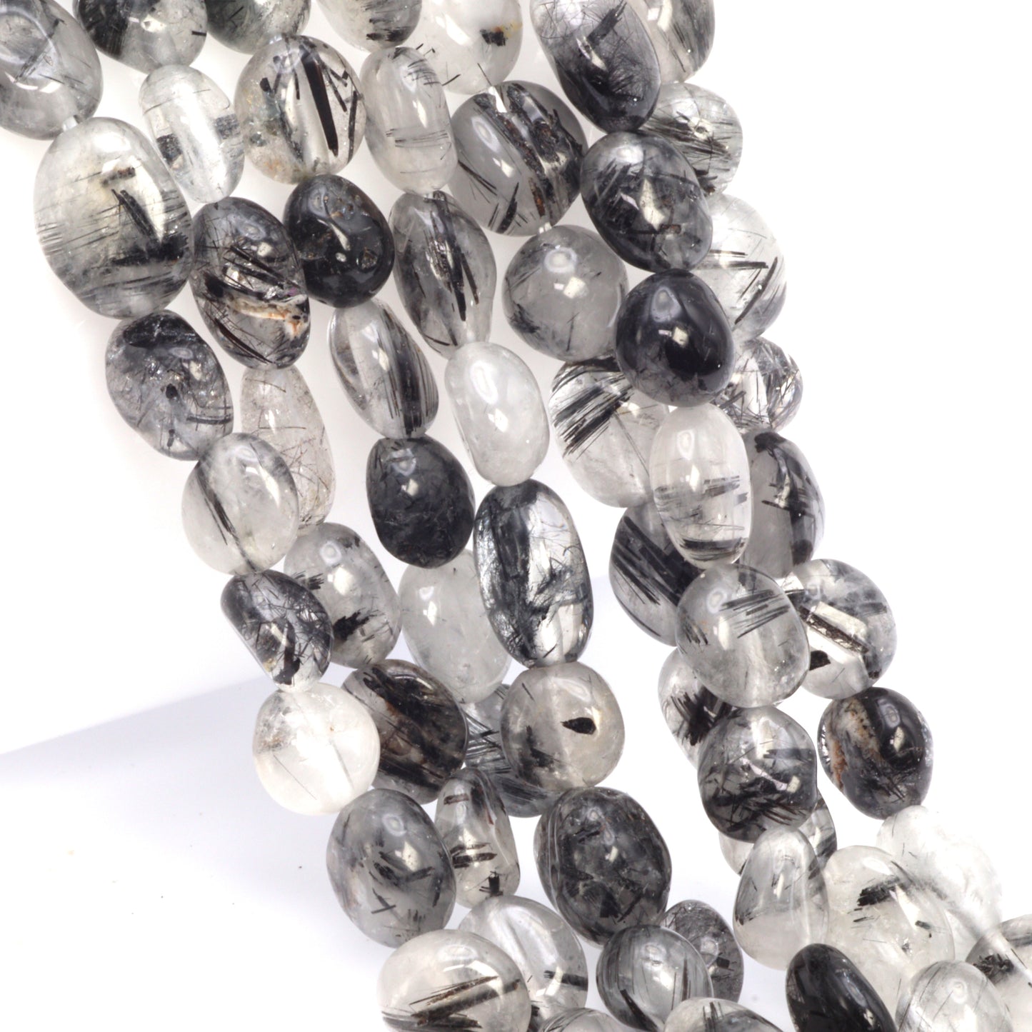 Black Tourmalinated Quartz 8x6mm Smooth Nuggets Bead Strand