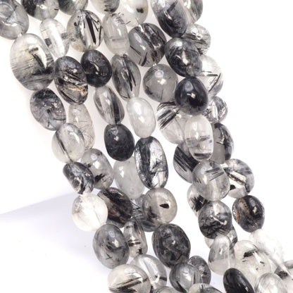 Black Tourmalinated Quartz 8x6mm Smooth Nuggets Bead Strand