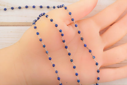 Royal Blue Lapis Lazuli 3mm Faceted Rondelles Rosary Chain Sterling Silver Wire Wrap Chain by the Foot