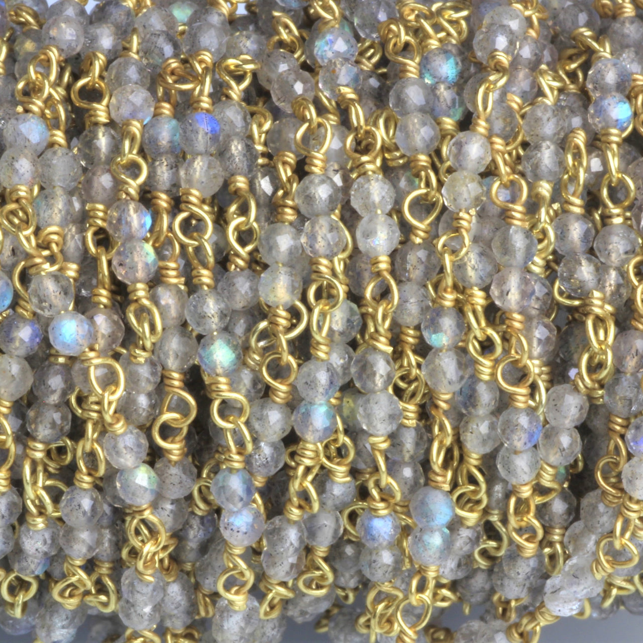 Blue Labradorite 2.5mm Faceted Rounds Double Rosary Chain Sterling Silver with Gold Plating Wire Wrap Chain by the Foot