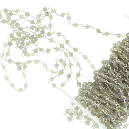 Blue Labradorite 3mm Faceted Rondelles Rosary Chain Sterling Silver Wire Wrap Chain by the Foot