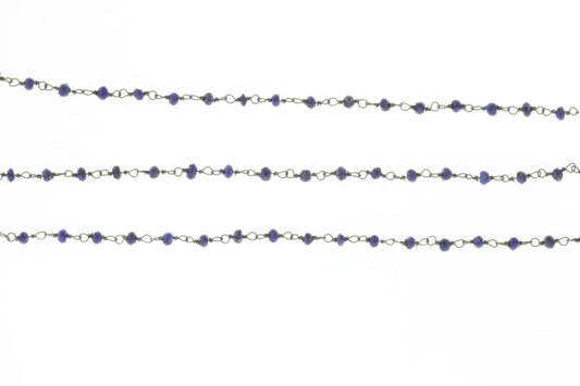 Dark Blue Lapis Lazuli 3mm Faceted Rondelles Rosary Chain Sterling Silver with Black Rhodium Plating Wire Wrap Chain by the Foot