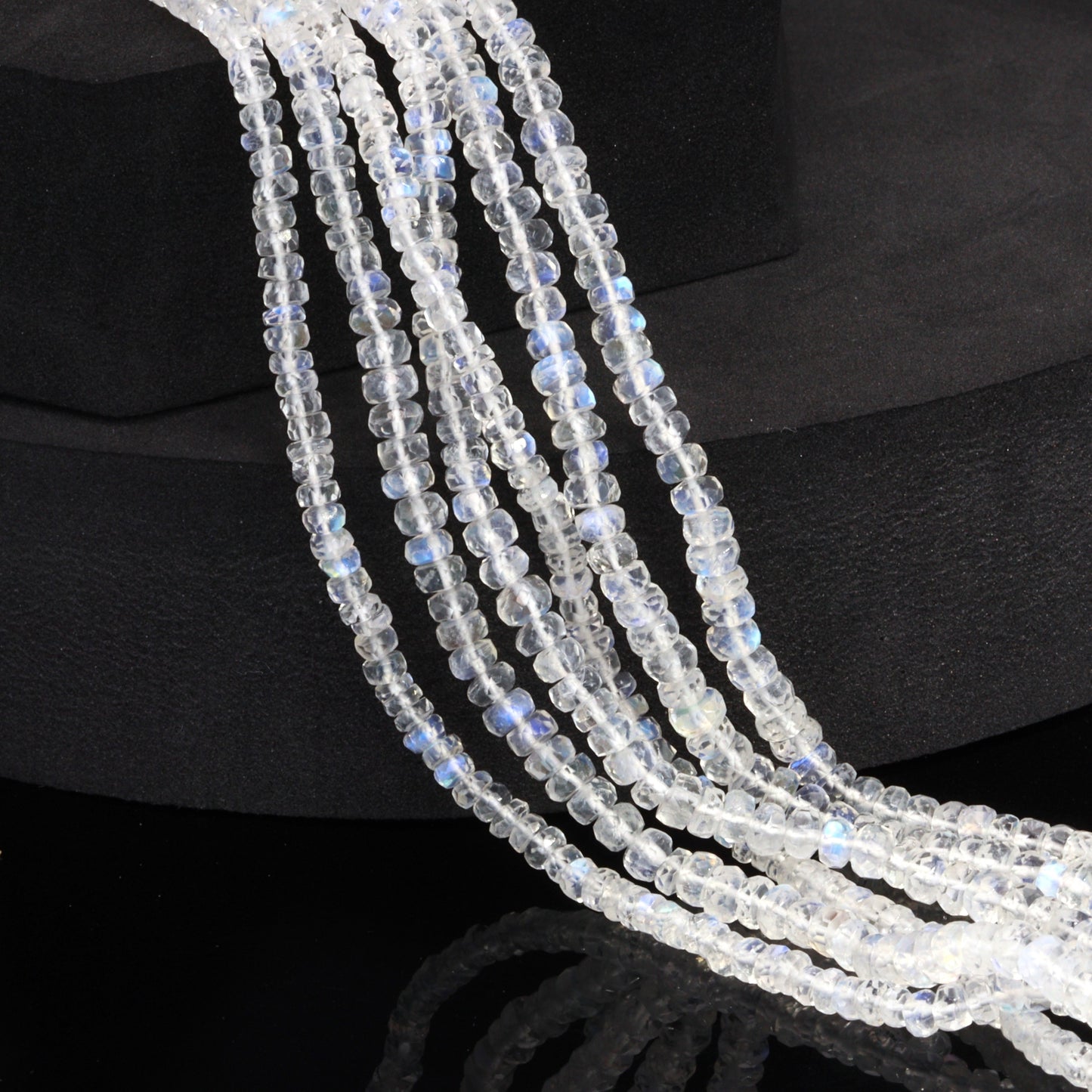 AA Blue Rainbow Moonstone 4mm Hand Faceted Rondelles Bead Strand