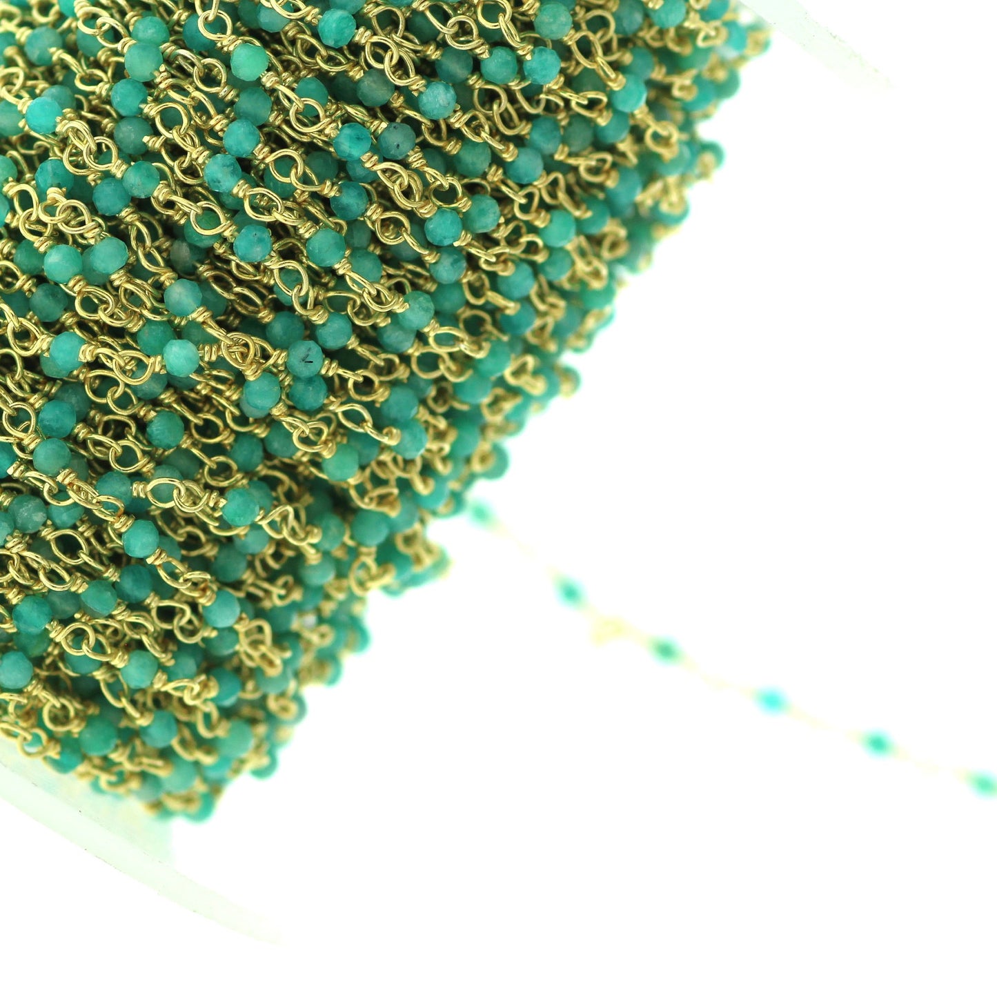 Blue Amazonite 2.5mm Faceted Rounds Rosary Chain Sterling Silver with Gold Plating Wire Wrap Chain by the Foot