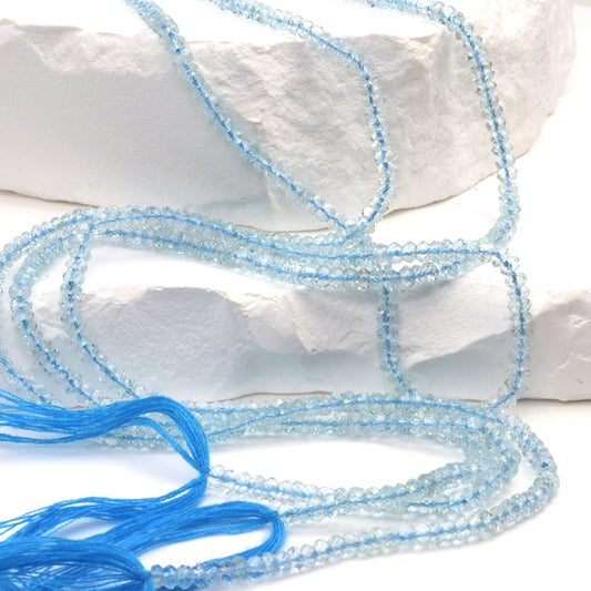 AA Blue Aquamarine 3mm Hand Faceted Rondelles Bead Strand