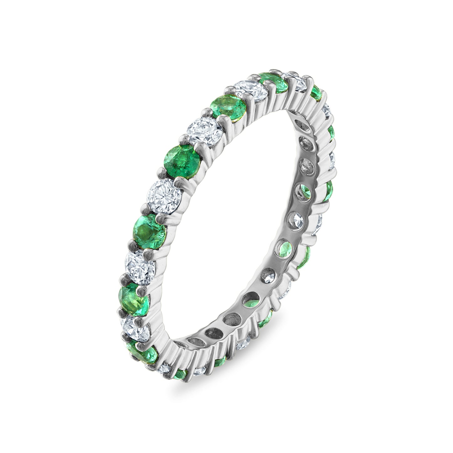 Shared Prong Emerald and White Diamond Eternity Band