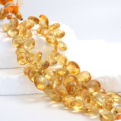 Yellow Citrine 12mm Faceted Heart Shaped Briolettes Bead Strand