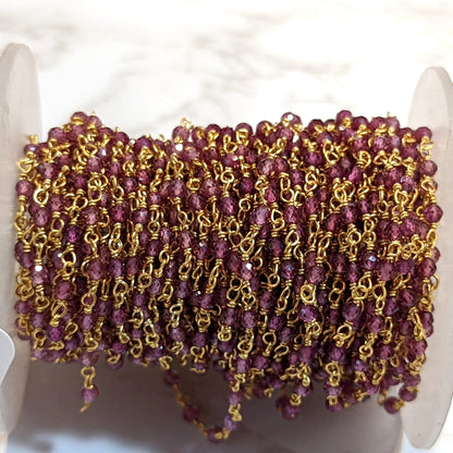 Rhodolite Garnet 2.5mm Faceted Rounds Rosary Chain Sterling Silver with Gold Plating Wire Wrap Chain by the Foot