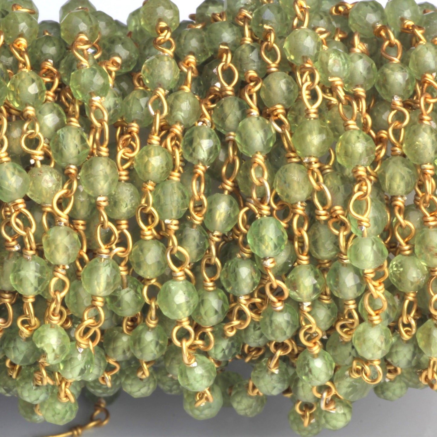 Green Apatite 3mm Faceted Rounds Rosary Chain Sterling Silver with Gold Plating Wire Wrap Chain by the Foot