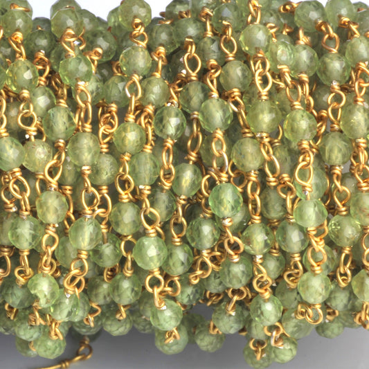 Green Apatite 3mm Faceted Rounds Rosary Chain Sterling Silver with Gold Plating Wire Wrap Chain by the Foot