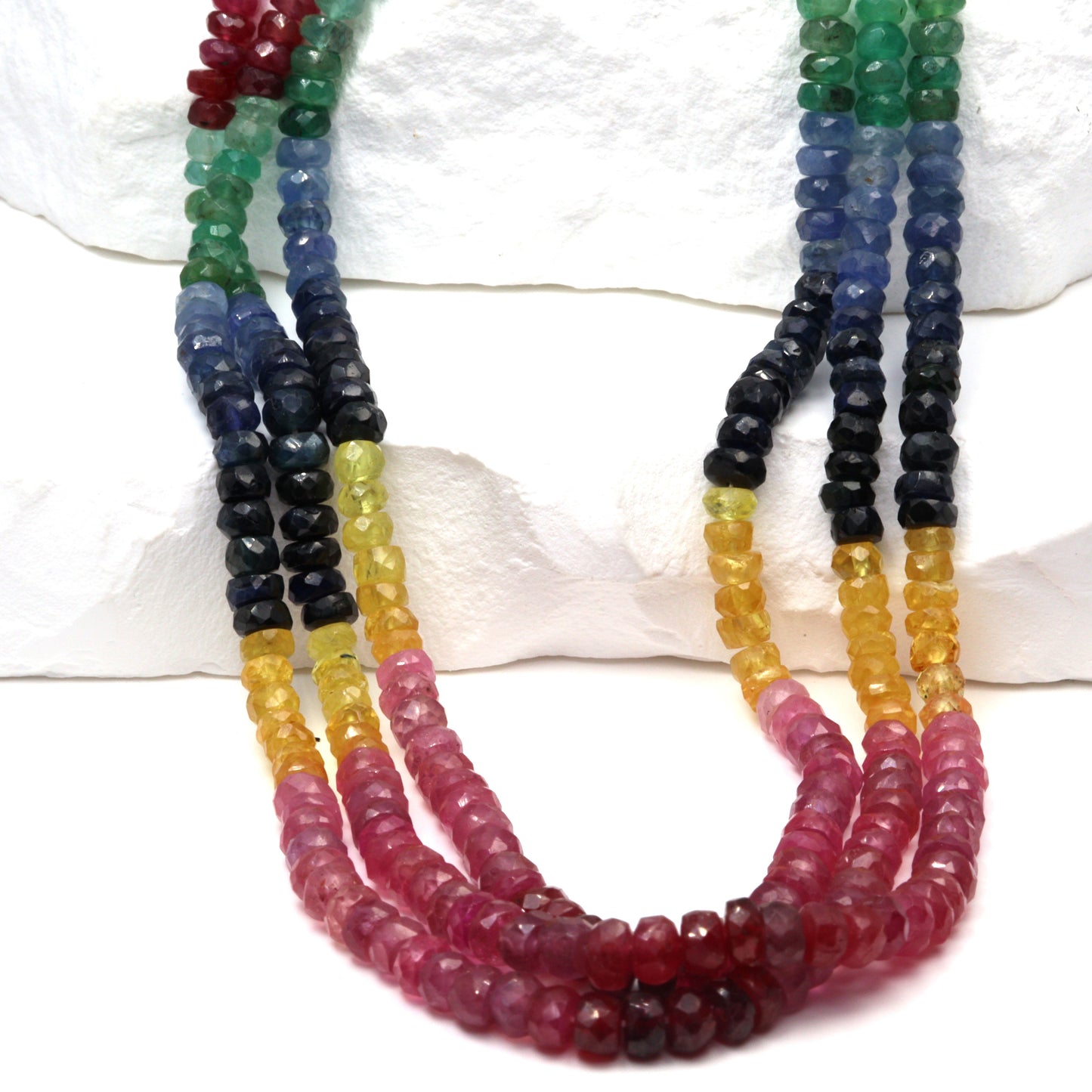 Rainbow Multi Ruby, Emerald, and Sapphire 3mm - 4mm Hand Faceted Rondelles Bead Strand