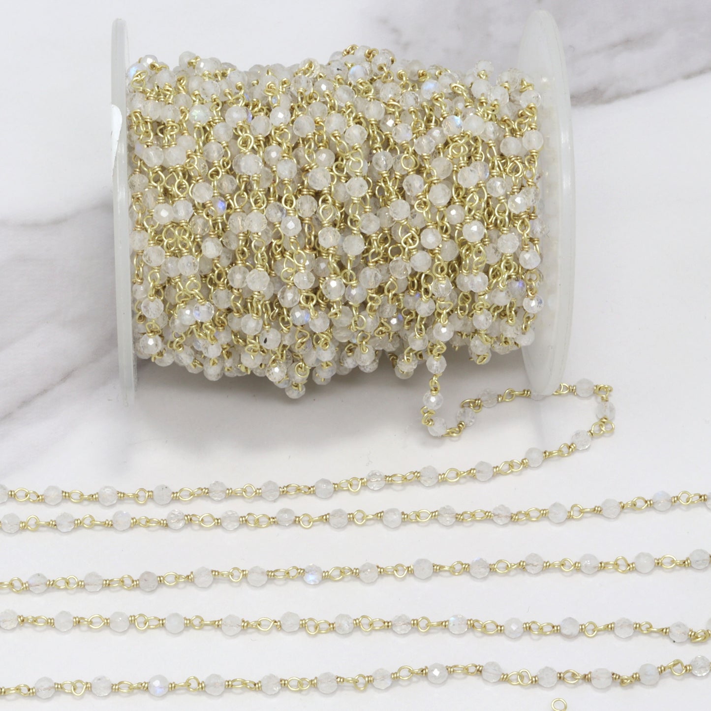 Blue Rainbow Moonstone 3mm Faceted Rounds Rosary Chain Sterling Silver with Gold Plating Wire Wrap Chain by the Foot