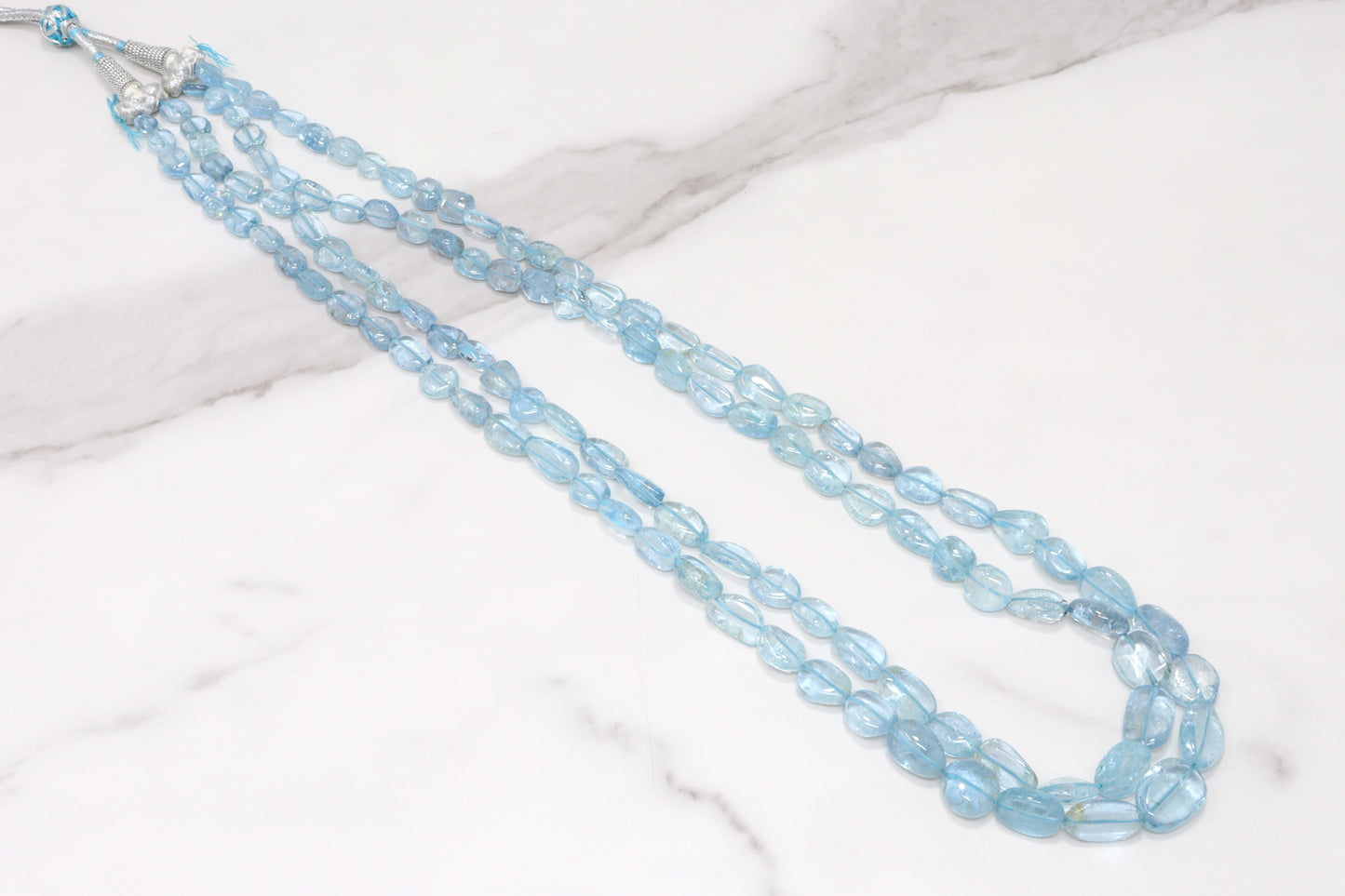 Blue Aquamarine 9x7mm - 11x9mm Smooth Nuggets 2 Strand Bead Necklace
