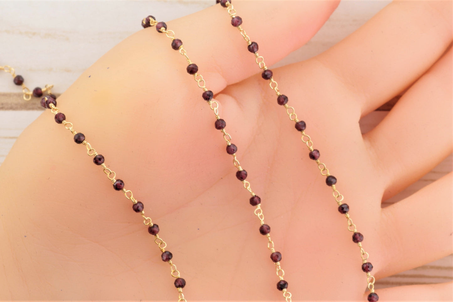 Red Garnet 2.5mm Faceted Rondelles Rosary Chain Sterling Silver with Gold Plating Wire Wrap Chain by the Foot