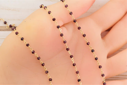 Red Garnet 2.5mm Faceted Rondelles Rosary Chain Sterling Silver with Gold Plating Wire Wrap Chain by the Foot