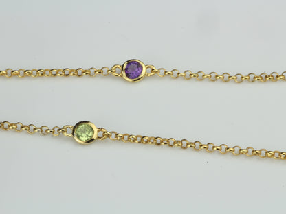 By the Yard Station Necklace with Floating Bezel Rainbow Multi Semi Precious Sterling Silver with Gold Plating 18 inch