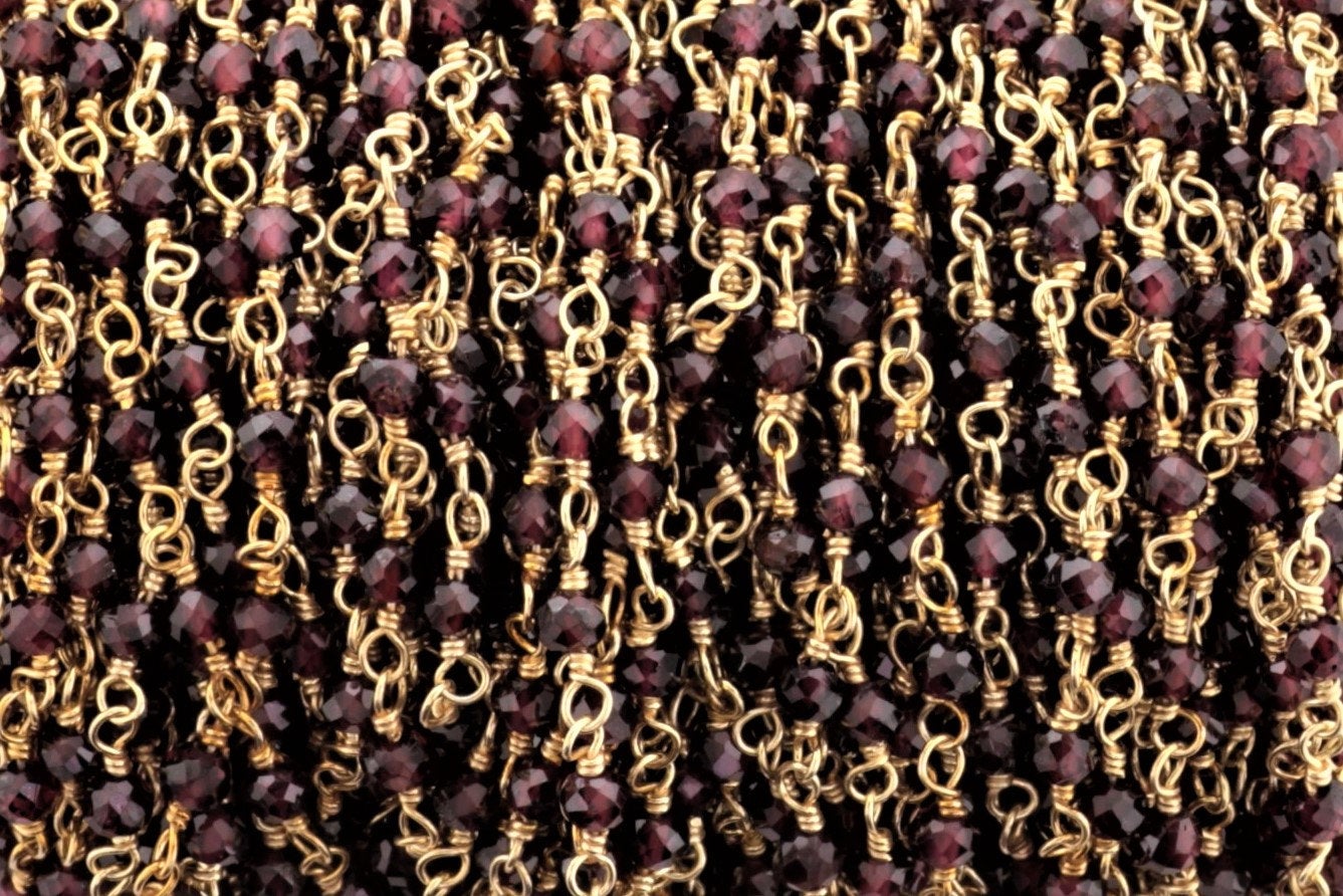 Red Garnet 2.5mm Faceted Rondelles Rosary Chain Sterling Silver with Gold Plating Wire Wrap Chain by the Foot