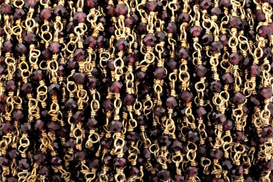 Red Garnet 2.5mm Faceted Rondelles Rosary Chain Sterling Silver with Gold Plating Wire Wrap Chain by the Foot