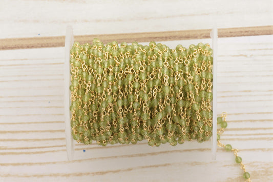 Green Peridot 3mm Faceted Rounds Rosary Chain Sterling Silver with Gold Plating Wire Wrap Chain by the Foot