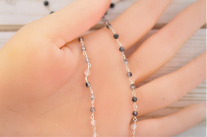 Black Tourmalinated Quartz 3.5mm Faceted Rounds Rosary Chain Sterling Silver Wire Wrap Chain by the Foot