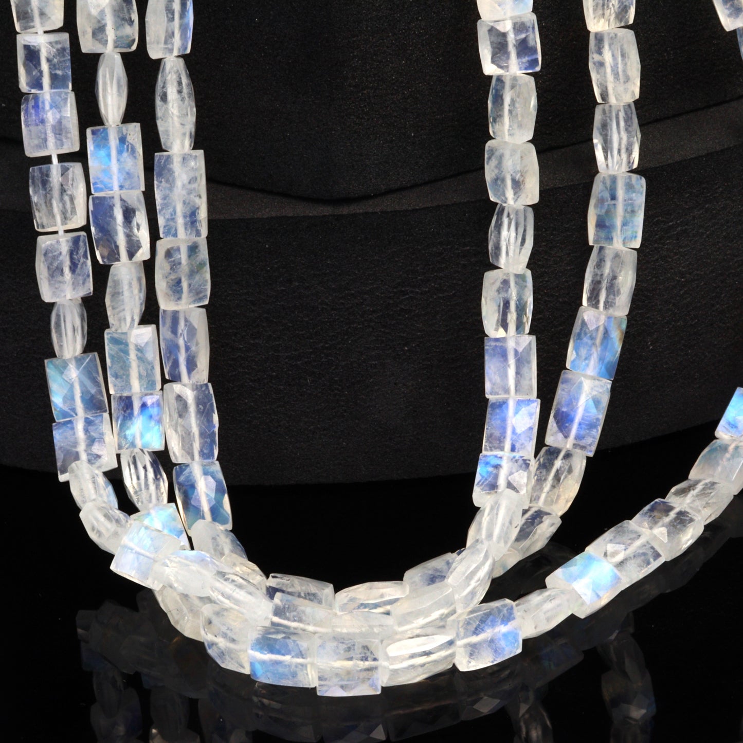 AA Blue Rainbow Moonstone 7x6mm Faceted Cushions Bead Strand