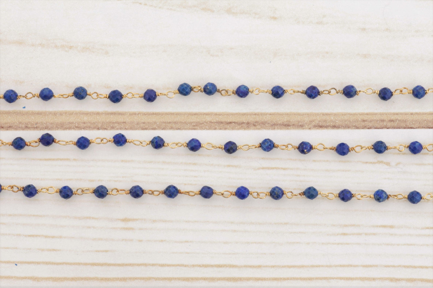 Royal Blue Lapis Lazuli 3.25mm Faceted Rondelles Rosary Chain Sterling Silver with Gold Plating Wire Wrap Chain by the Foot