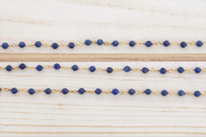 Royal Blue Lapis Lazuli 3.25mm Faceted Rondelles Rosary Chain Sterling Silver with Gold Plating Wire Wrap Chain by the Foot