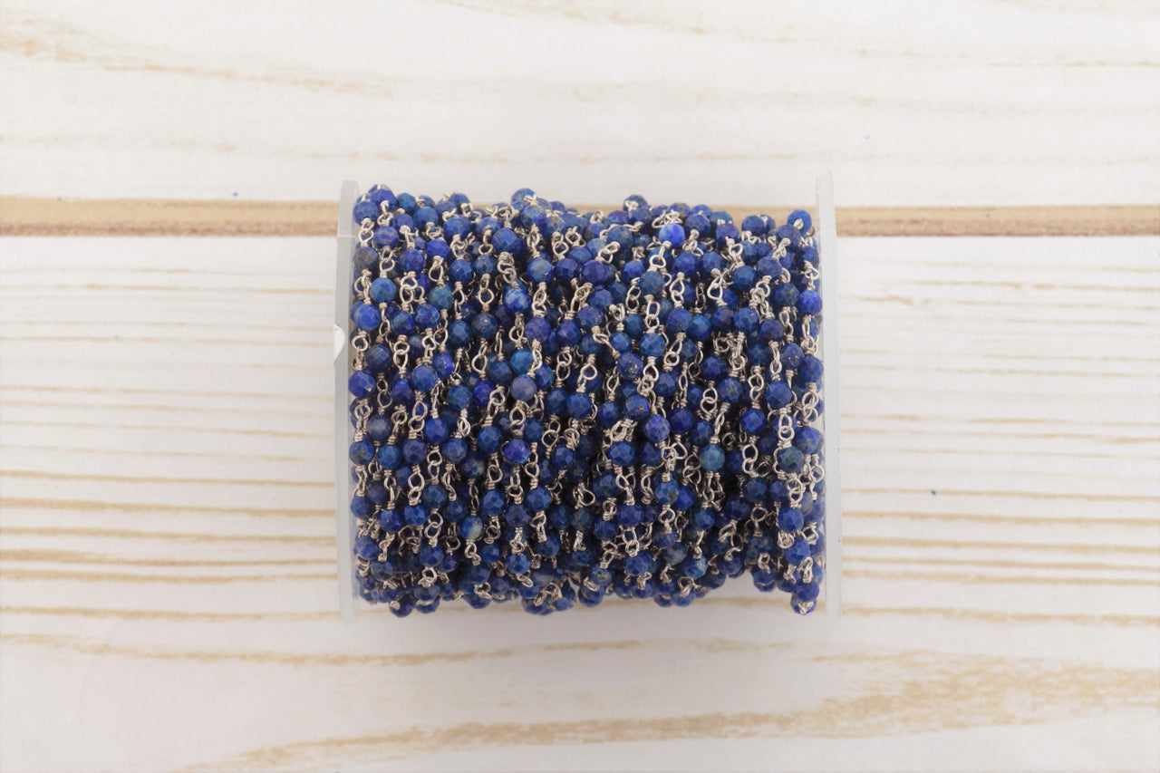 Royal Blue Lapis Lazuli 3mm Faceted Rondelles Rosary Chain Sterling Silver Wire Wrap Chain by the Foot