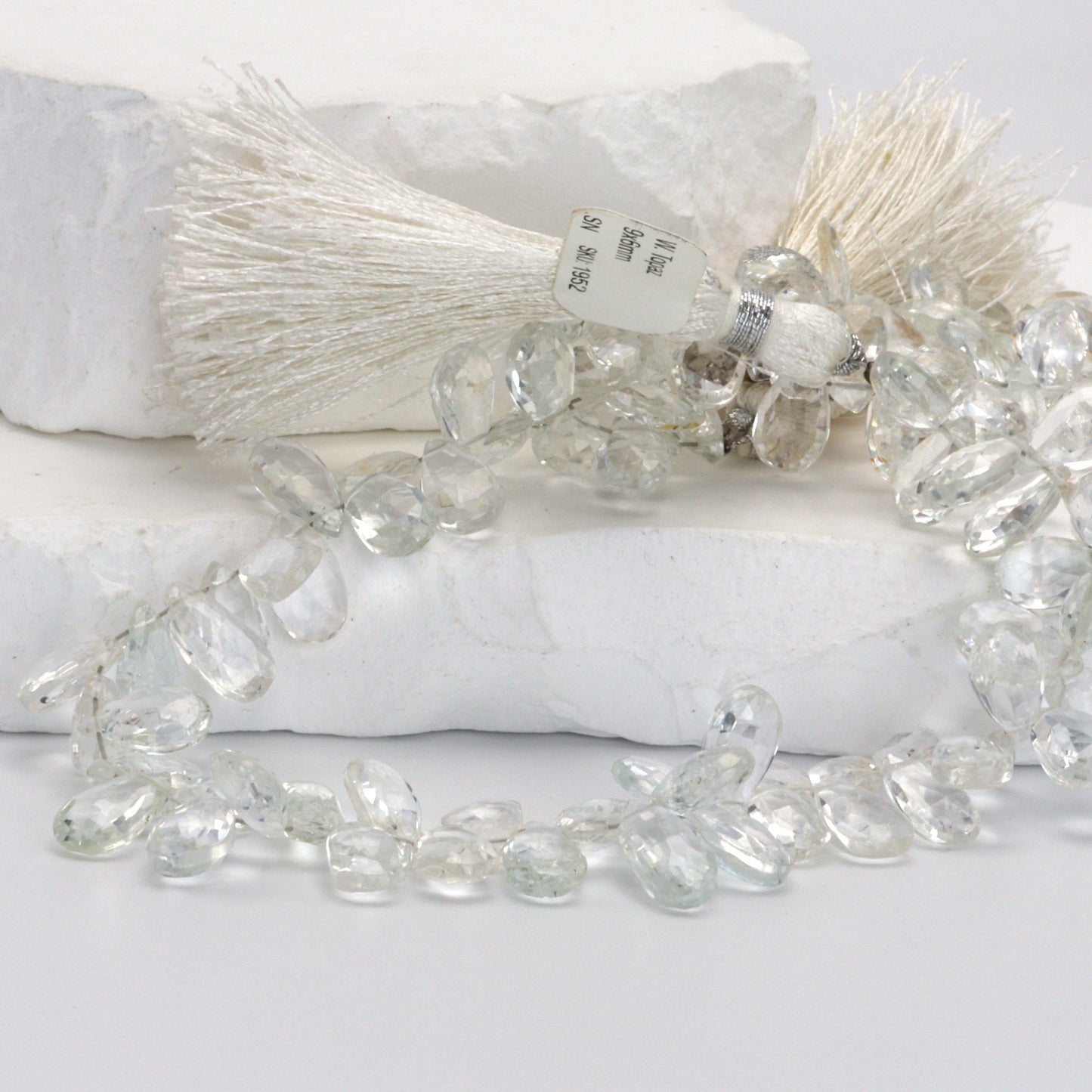 White Topaz 9x6mm Faceted Pear Shaped Briolettes Bead Strand