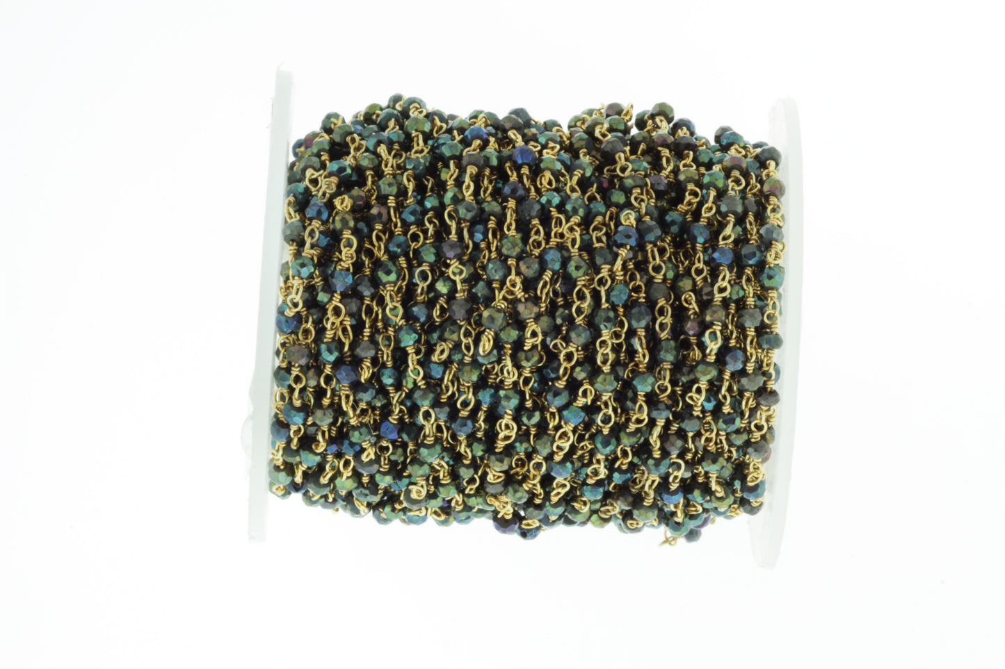 Green Coated Black Spinel 3mm Faceted Rondelles Rosary Chain Sterling Silver with Gold Plating Wire Wrap Chain by the Foot