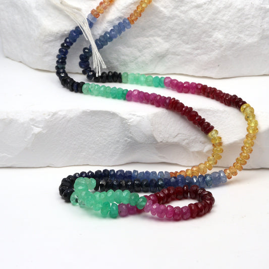 Rainbow Multi Ruby, Emerald, and Sapphire 2.5mm – 3.5mm Hand Faceted Rondelles Bead Strand
