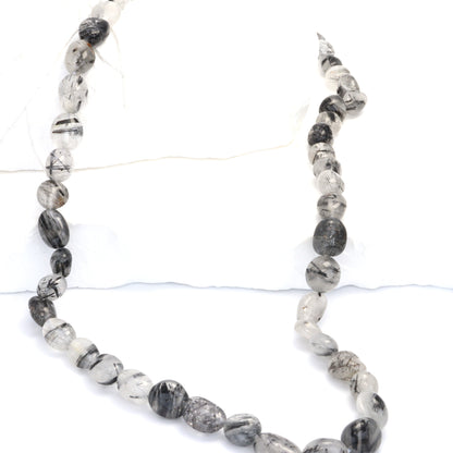 Black Tourmalinated Quartz 8x6mm Smooth Nuggets Bead Strand