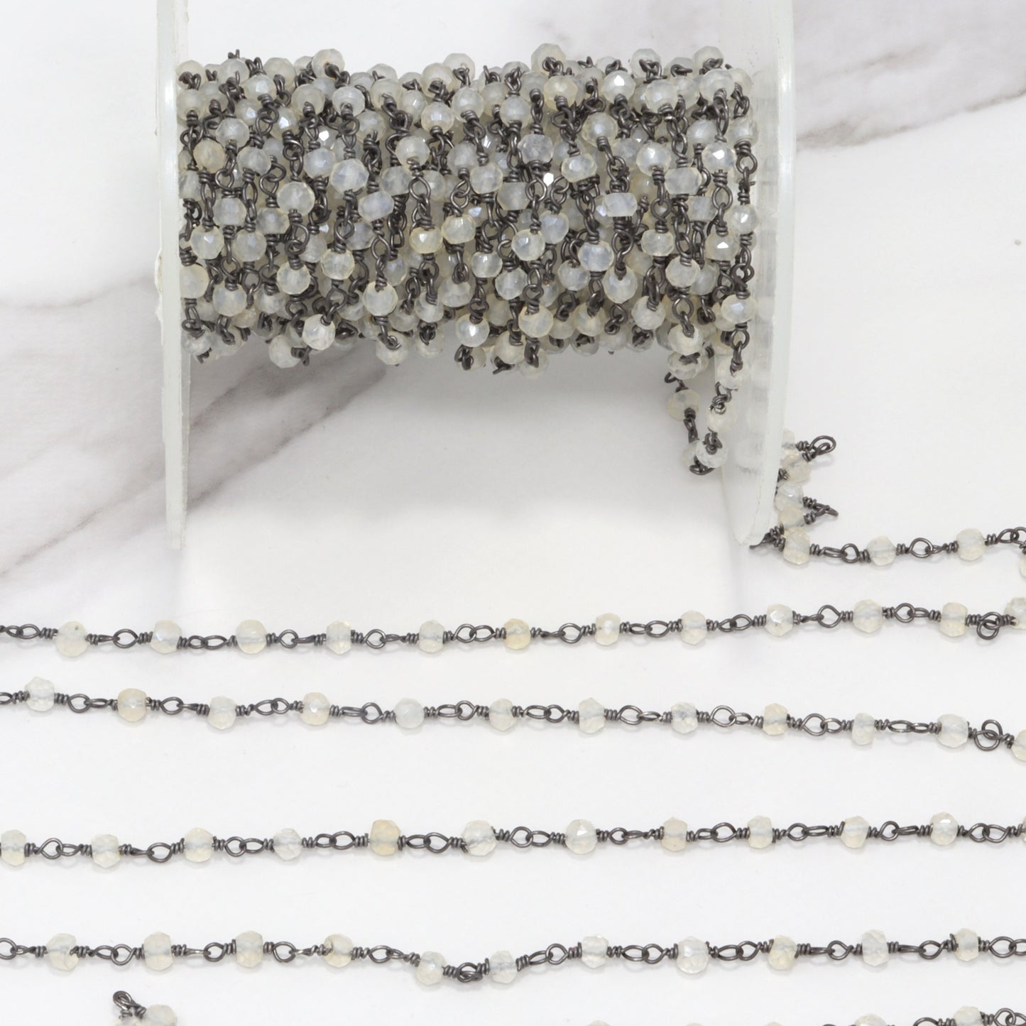 White Moonstone 3.5mm Faceted Rondelles Rosary Chain Sterling Silver with Black Rhodium Plating Wire Wrap Chain by the Foot