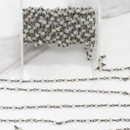 White Moonstone 3.5mm Faceted Rondelles Rosary Chain Sterling Silver with Black Rhodium Plating Wire Wrap Chain by the Foot