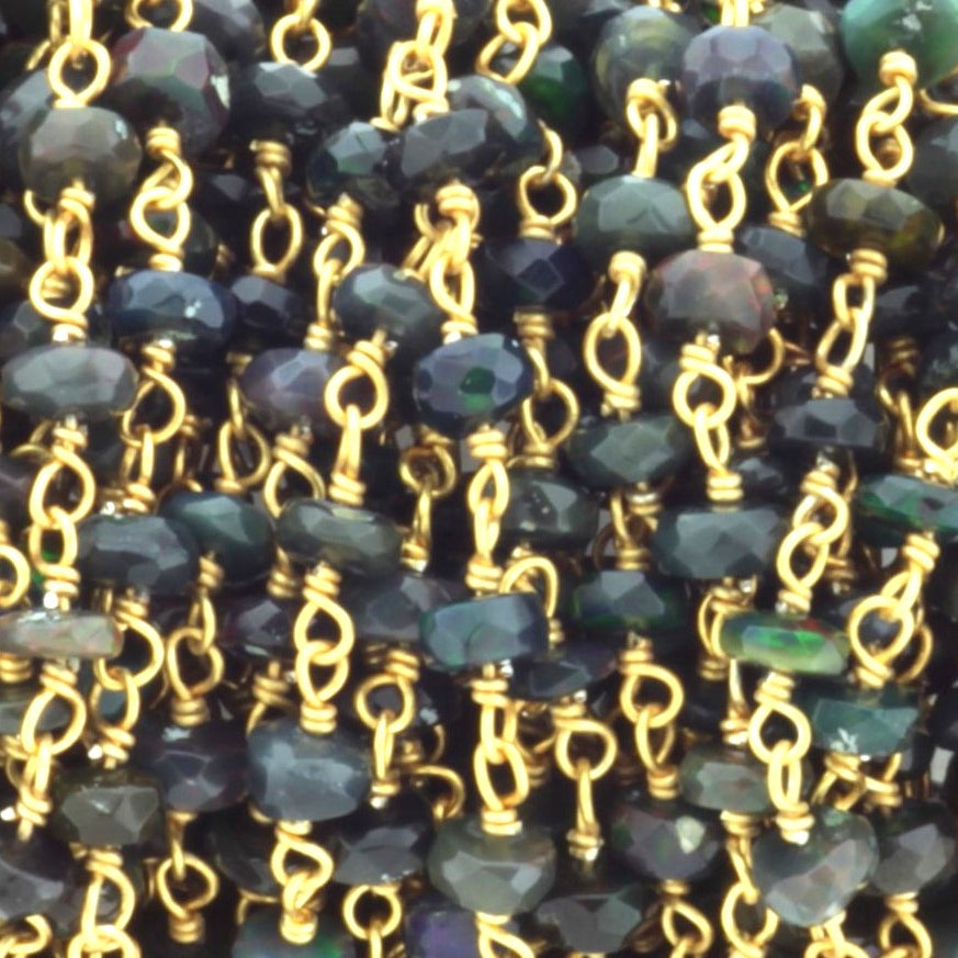 Black Ethiopian Opal 4mm Faceted Rondelles Rosary Chain Sterling Silver with Gold Plating Wire Wrap Chain by the Foot