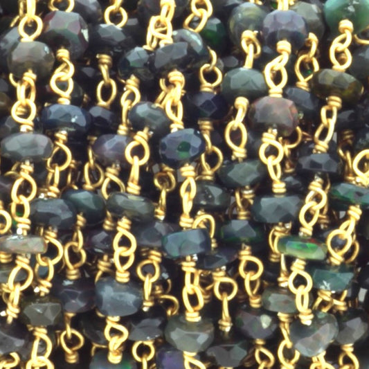 Black Ethiopian Opal 4mm Faceted Rondelles Rosary Chain Sterling Silver with Gold Plating Wire Wrap Chain by the Foot