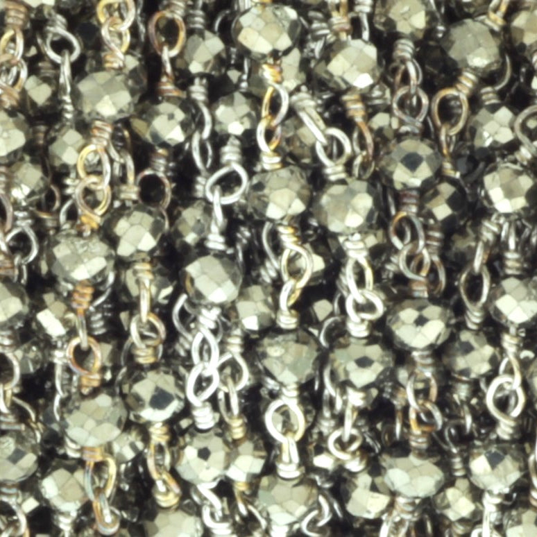 Natural Pyrite 3mm Faceted Rondelles Rosary Chain Sterling Silver Wire Wrap Chain by the Foot
